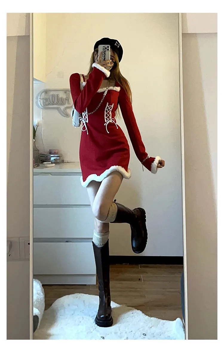 deanwangkt  Winter Sweet Christmas Dress Women Red Kawaii Lolita Party Mini Dresses Warm Korean Night Dresses Ladies Festival Clothing