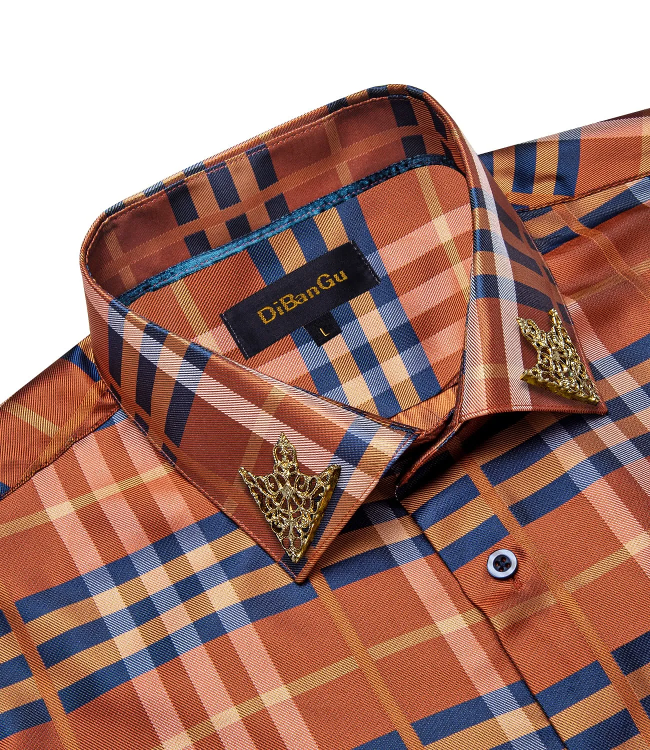 DiBanGu Collared Shirt Blue Dark Orange Striped Silk Long Sleeve Mens Work Business Shirt