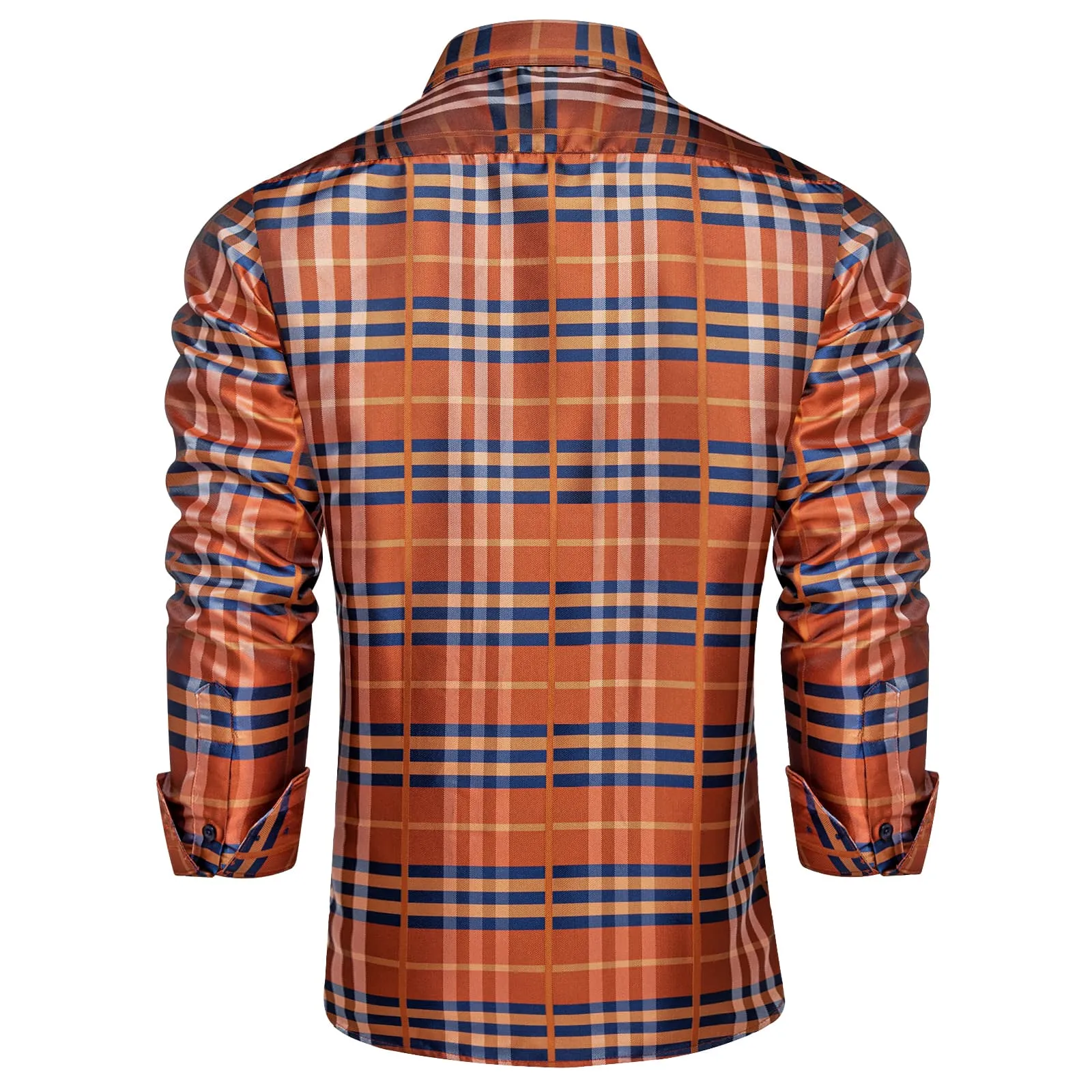 DiBanGu Collared Shirt Blue Dark Orange Striped Silk Long Sleeve Mens Work Business Shirt