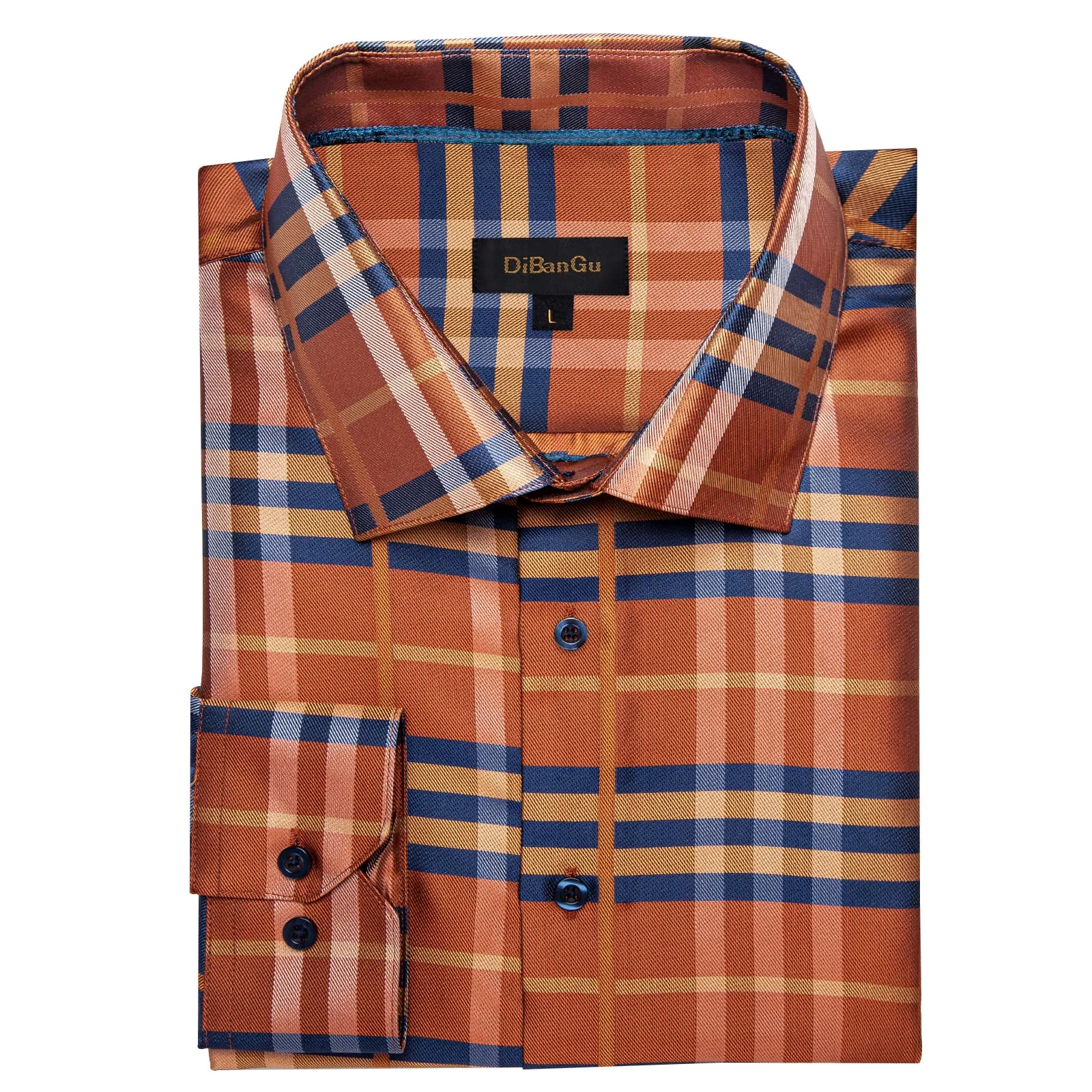 DiBanGu Collared Shirt Blue Dark Orange Striped Silk Long Sleeve Mens Work Business Shirt