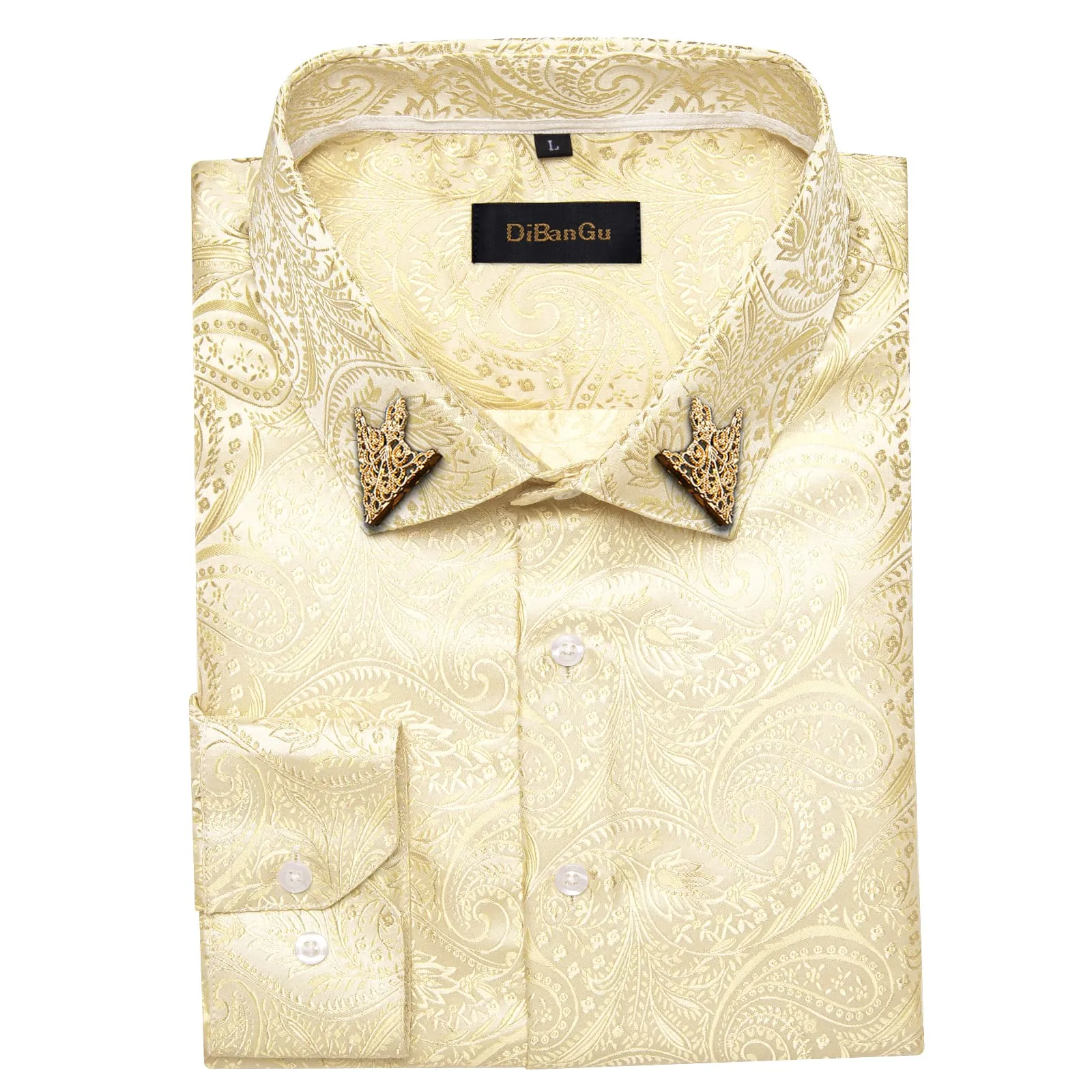 DiBanGu Collared Shirt Wheat Yellow Paisley Silk Button Down Long Sleeve Mens Shirt Dress