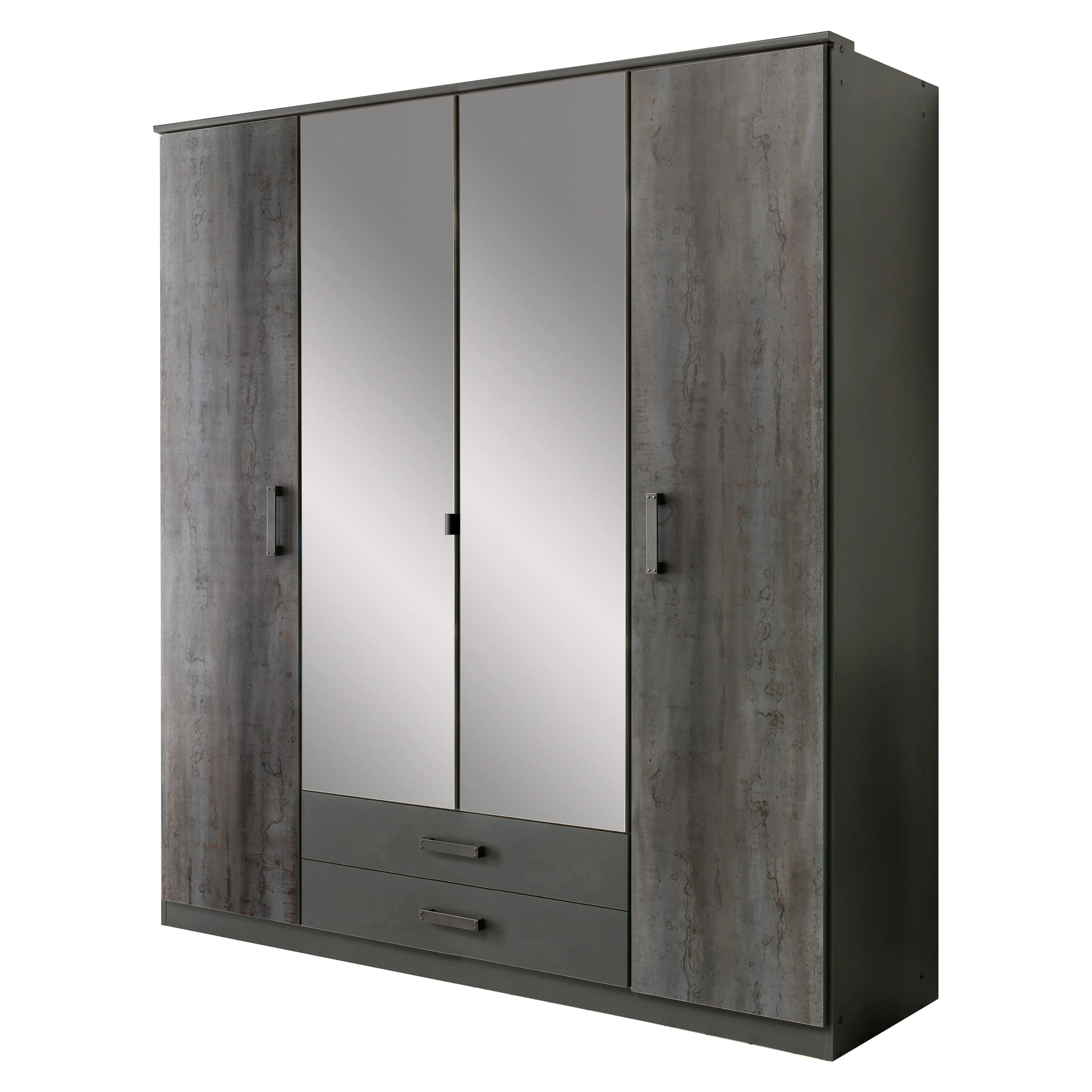 FORT 4 Doors 2 Drawers Steel Finish Mirrored Wardrobe