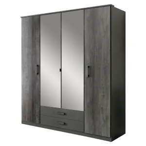 FORT 4 Doors 2 Drawers Steel Finish Mirrored Wardrobe