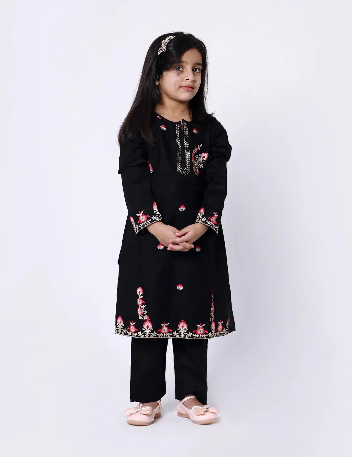 Girls Khadar Embroided suit - Black