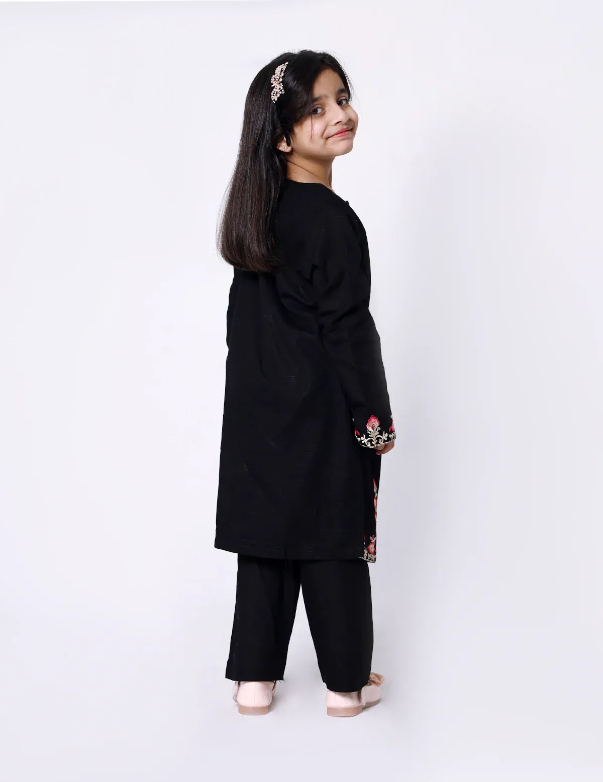 Girls Khadar Embroided suit - Black