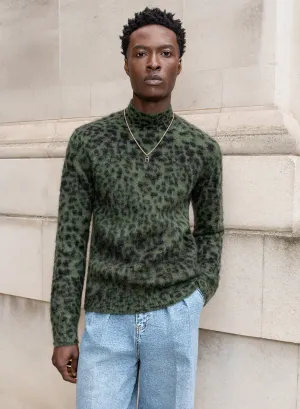 Green Leopard Mohair Mock Neck Jumper