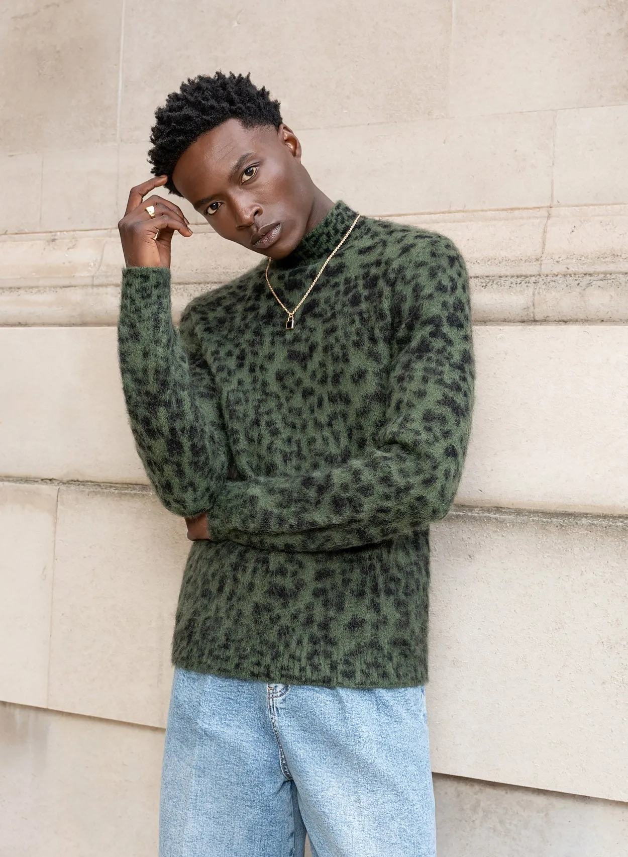 Green Leopard Mohair Mock Neck Jumper