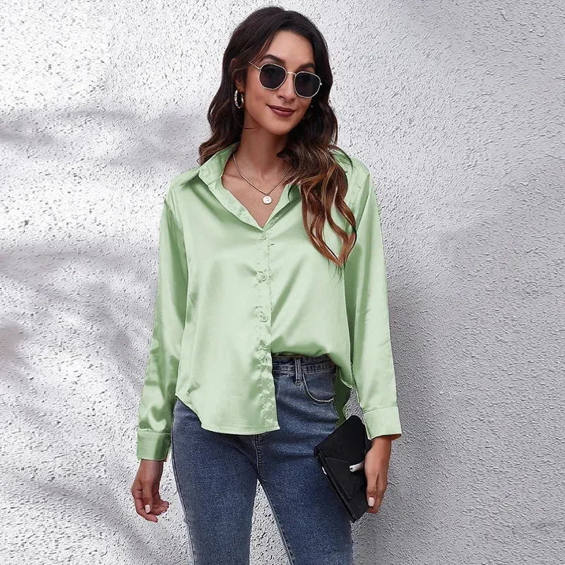 Green Silk Long Sleeve Blouse with Turn-down Collar for Office Lady Business