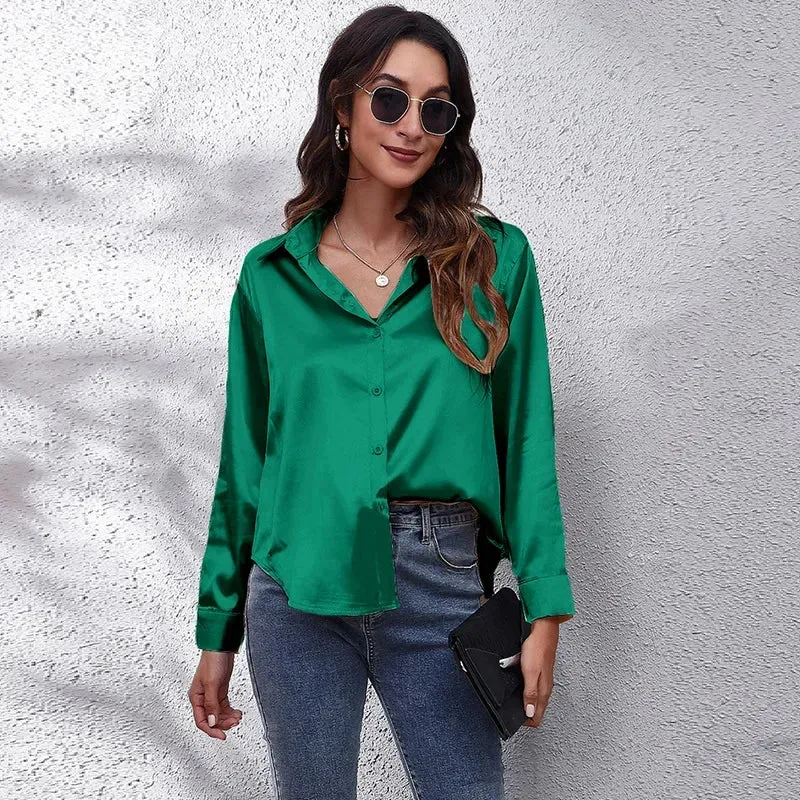 Green Silk Long Sleeve Blouse with Turn-down Collar for Office Lady Business