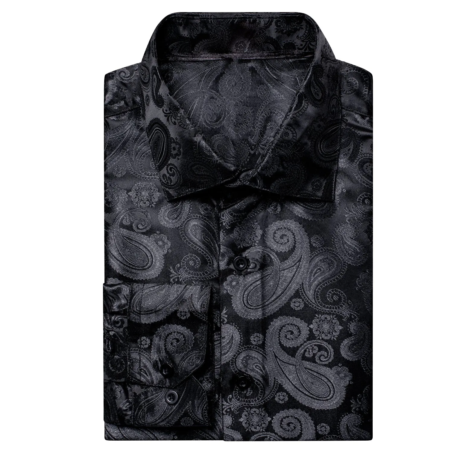 Hi-Tie Black Men Shirt Black Paisley Silk Men Long Sleeve Shirt Casual