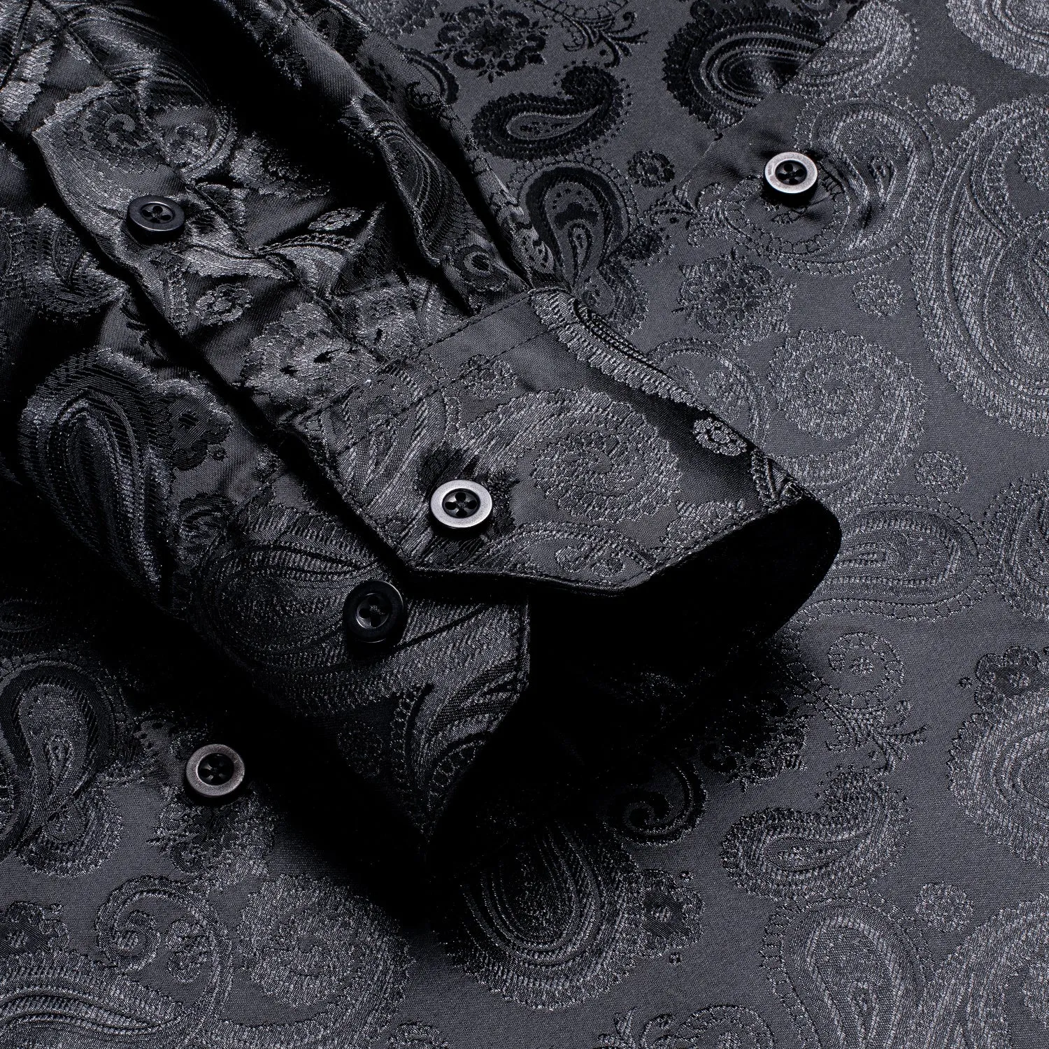 Hi-Tie Black Men Shirt Black Paisley Silk Men Long Sleeve Shirt Casual