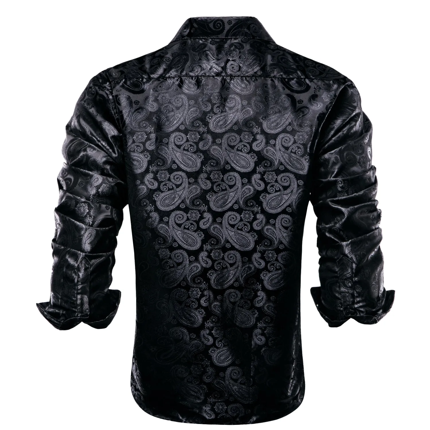 Hi-Tie Black Men Shirt Black Paisley Silk Men Long Sleeve Shirt Casual