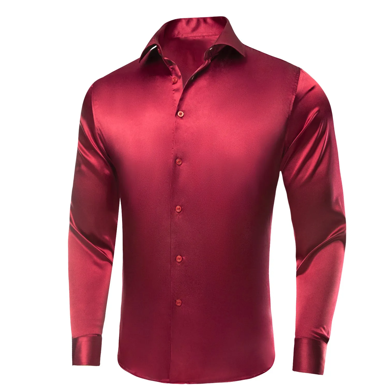 Hi-Tie Burgundy Red Solid Satin Silk Men's Long Sleeve Dress Shirt