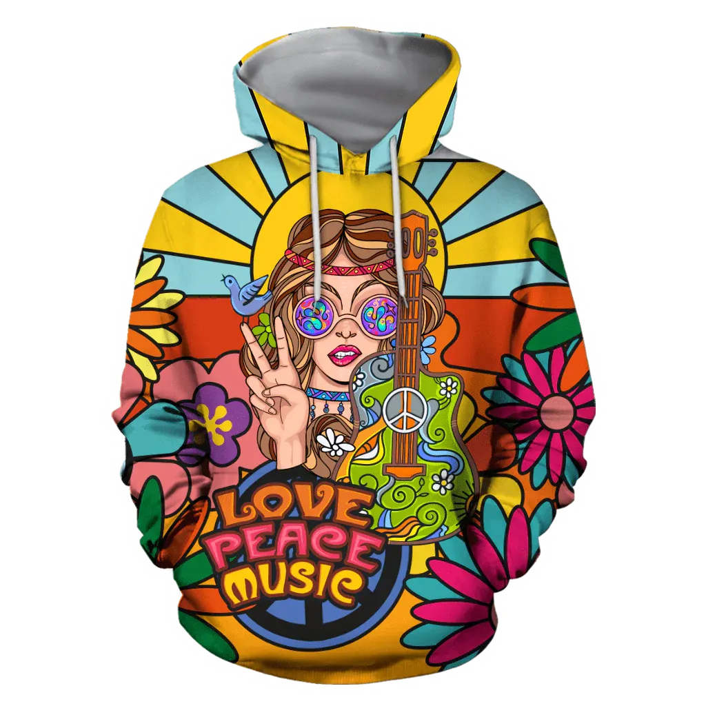 Hippie Hoodie Peace Love Music 3D All Over Printed Guitar Hippie Hoodies Gift