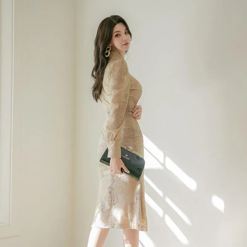 Hollow stitching lace dress