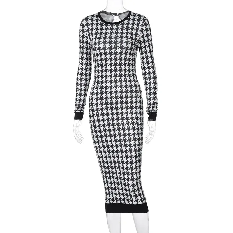 Houndstooth Print Women Long Sleeve Hollow Out Bodycon Streetwear Autumn Winter Club Elegant Slim Midi Dress 2024