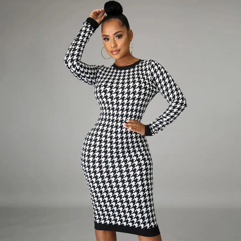 Houndstooth Print Women Long Sleeve Hollow Out Bodycon Streetwear Autumn Winter Club Elegant Slim Midi Dress 2024