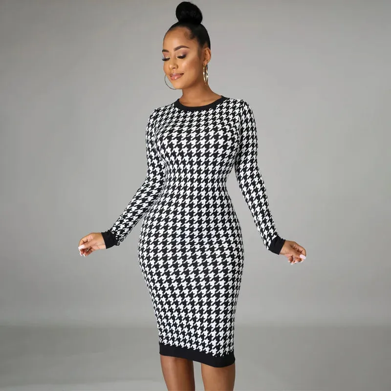 Houndstooth Print Women Long Sleeve Hollow Out Bodycon Streetwear Autumn Winter Club Elegant Slim Midi Dress 2024