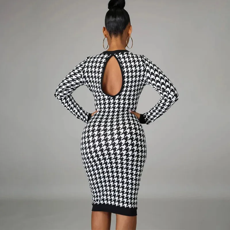 Houndstooth Print Women Long Sleeve Hollow Out Bodycon Streetwear Autumn Winter Club Elegant Slim Midi Dress 2024