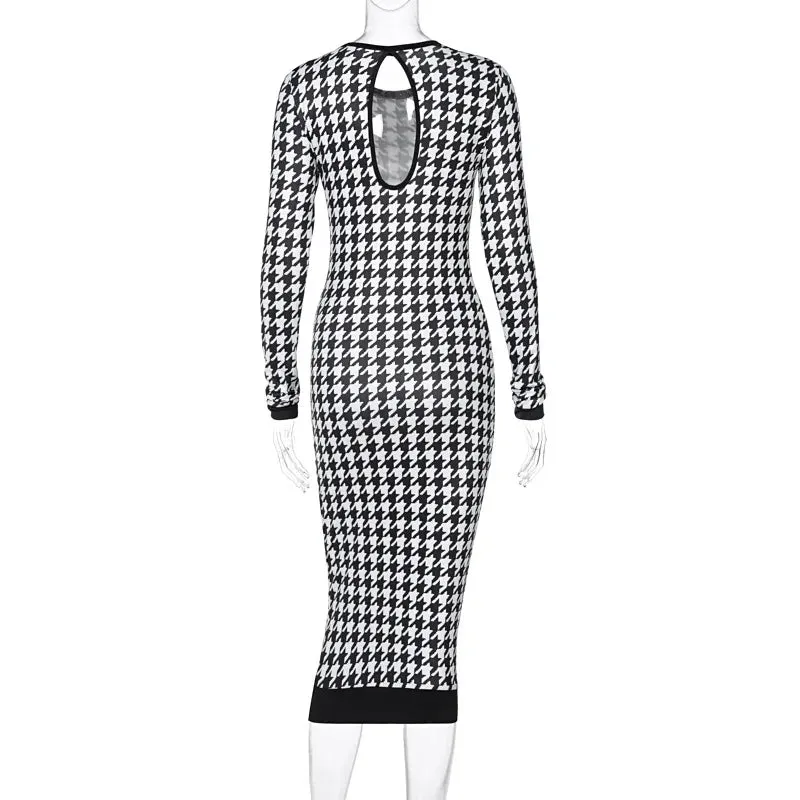 Houndstooth Print Women Long Sleeve Hollow Out Bodycon Streetwear Autumn Winter Club Elegant Slim Midi Dress 2024