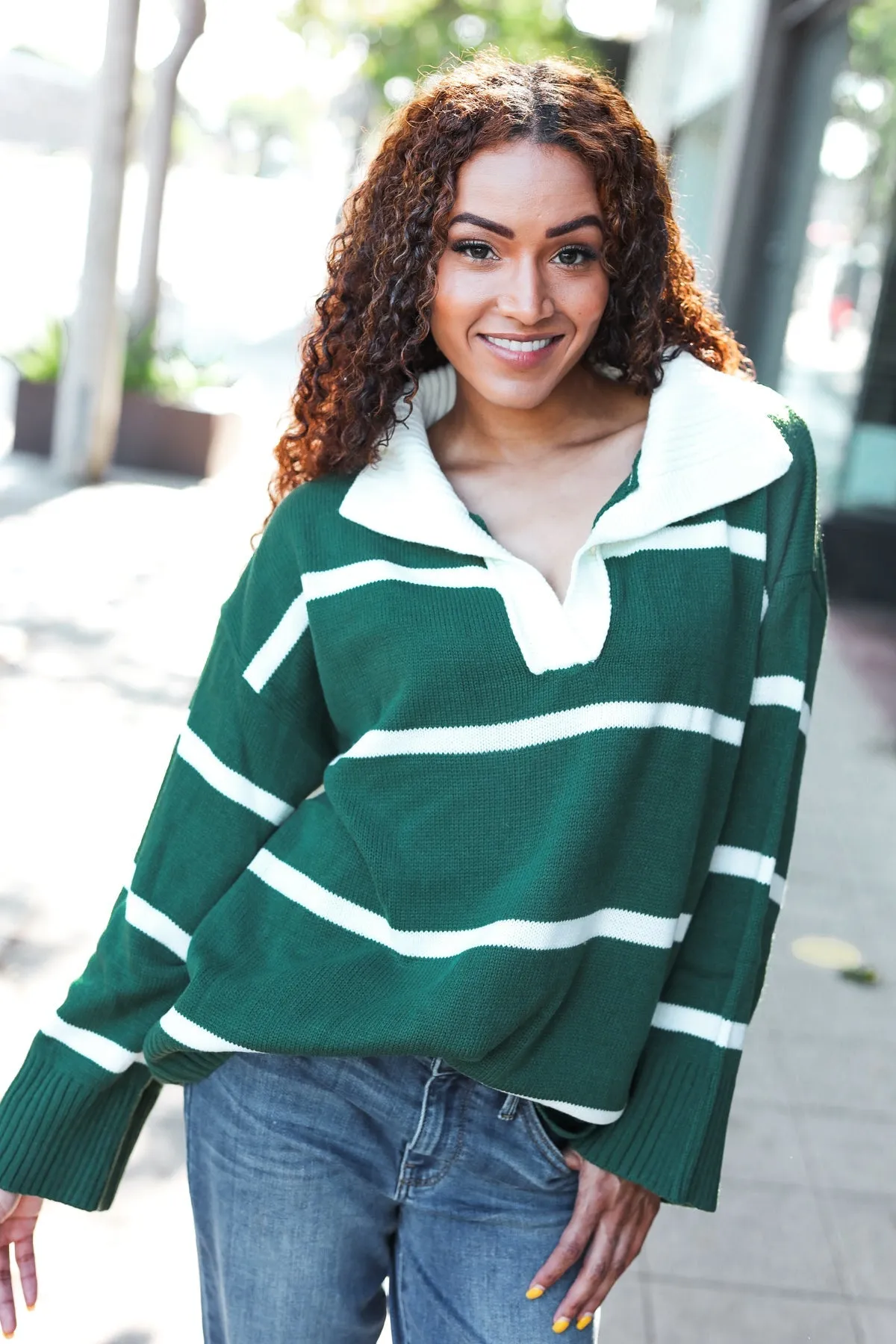 Hunter Green Stripe Notched Neck Collared Oversized Sweater