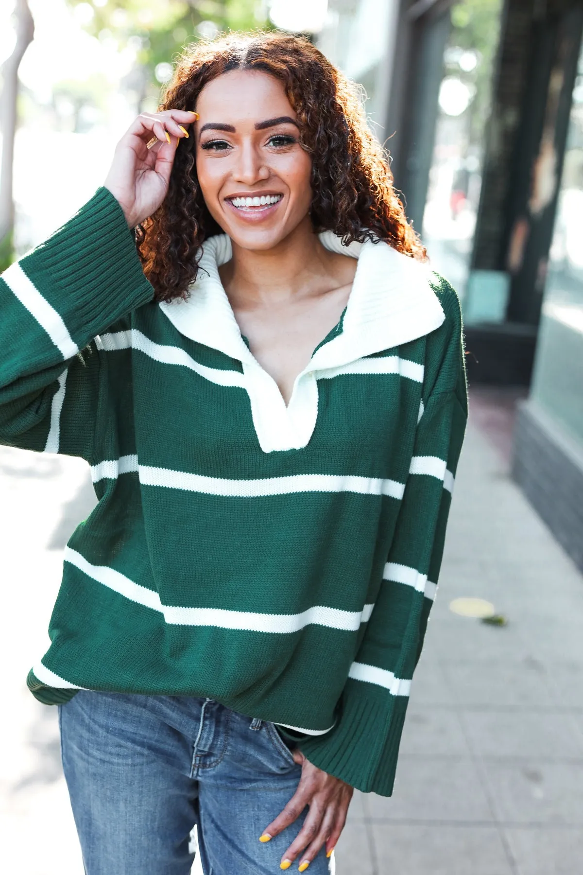 Hunter Green Stripe Notched Neck Collared Oversized Sweater