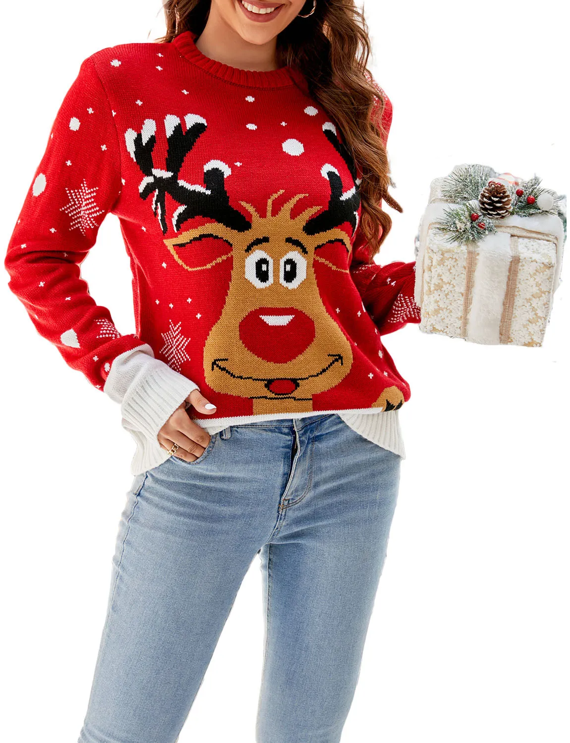 iB-iP Women's Christmas Cozy Top Casual Long Sleeve Pullover Sweater