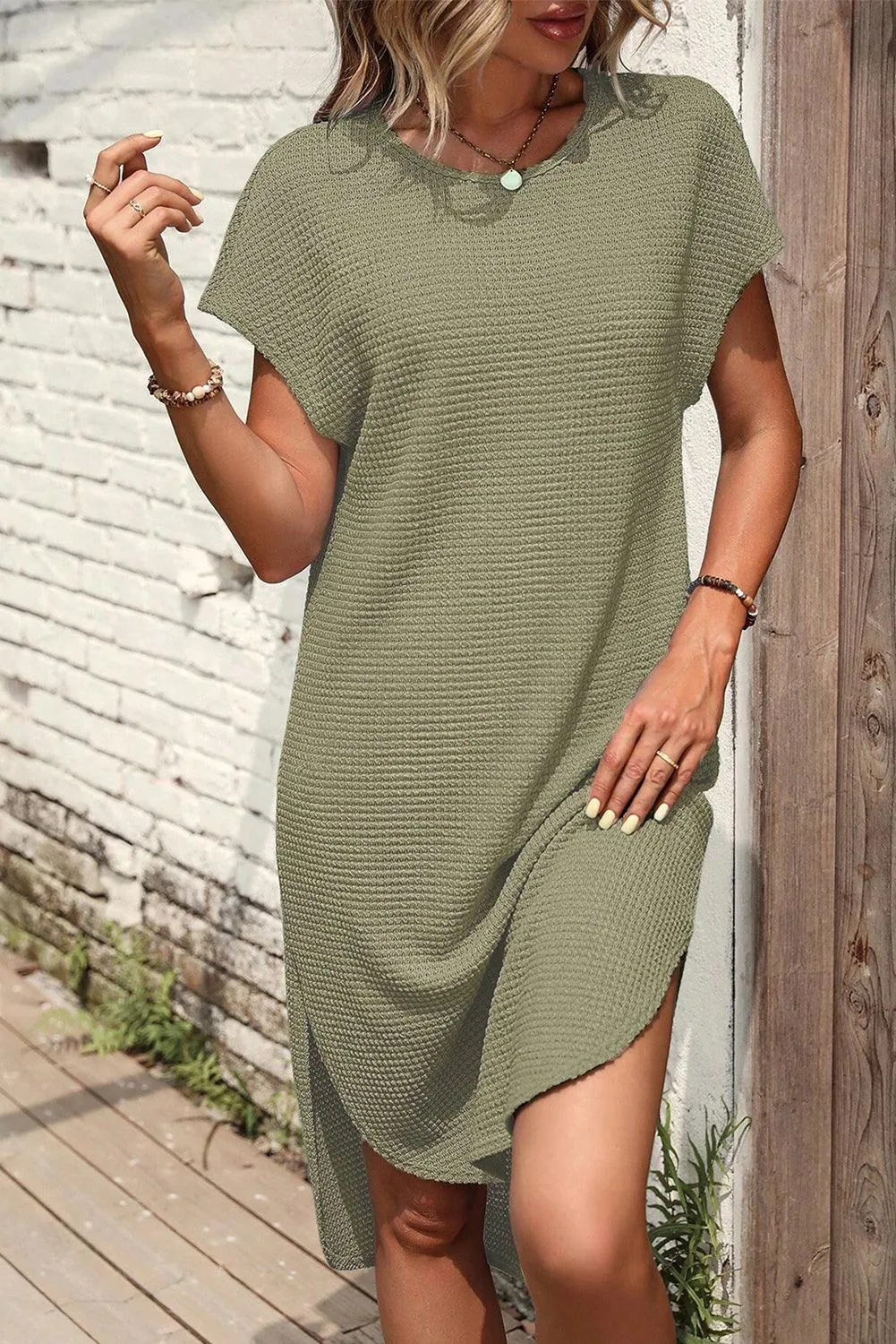 Jungle Green Waffle Texture Curved Hem Side Slit Long Tunic T-shirt Dress