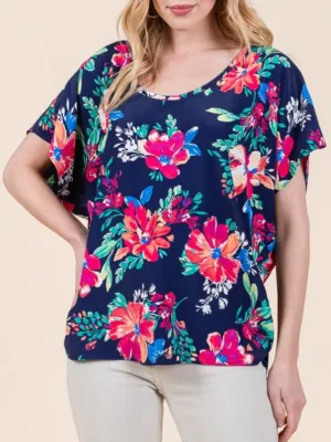 Kelly Floral Ruched Top - Navy Blue