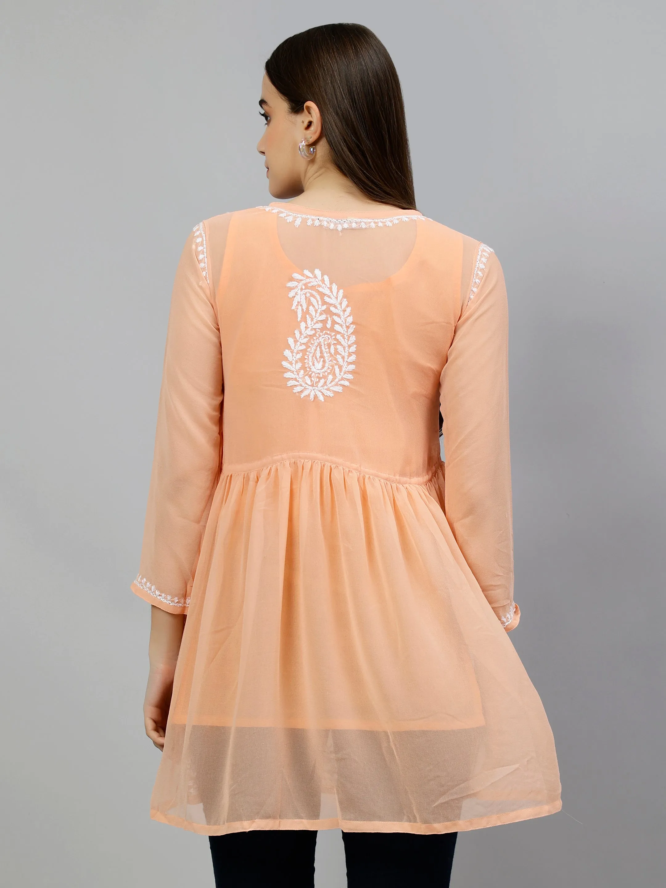 Light Apricot Peach Georgette Chikankari Frock Top with Slip