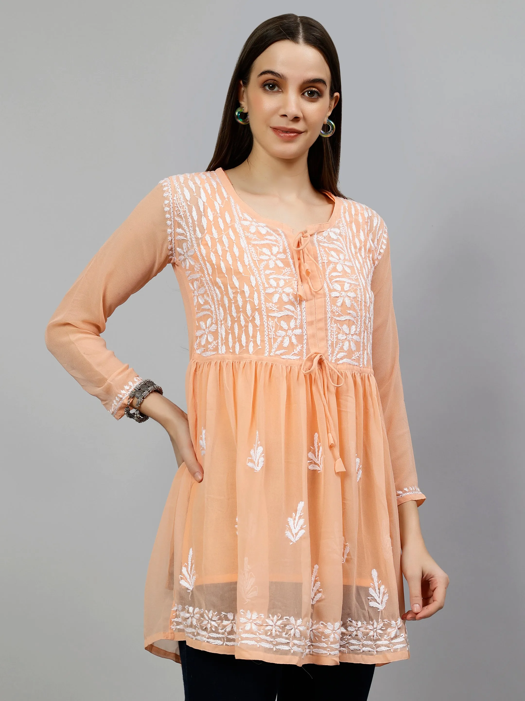 Light Apricot Peach Georgette Chikankari Frock Top with Slip