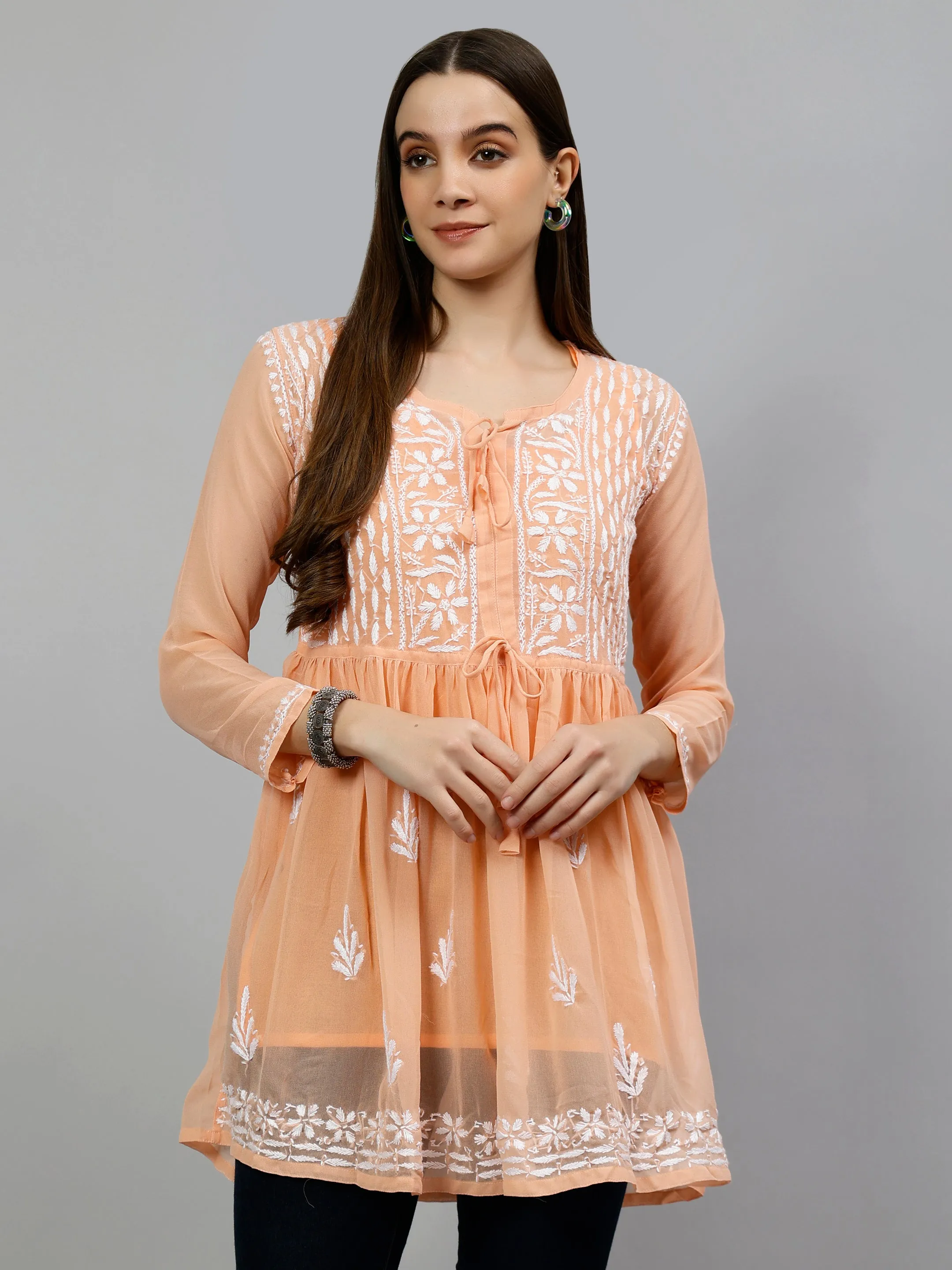 Light Apricot Peach Georgette Chikankari Frock Top with Slip