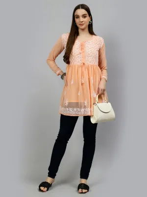 Light Apricot Peach Georgette Chikankari Frock Top with Slip