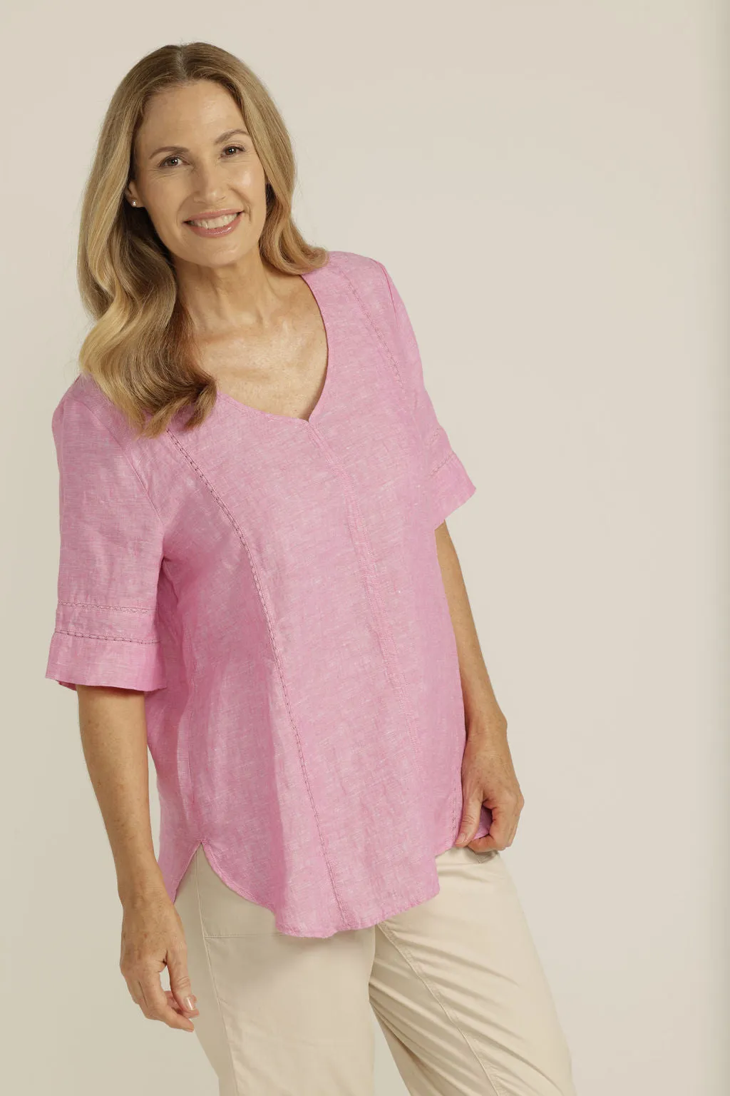 Linen Lace Trim Insert Top Bright Pink