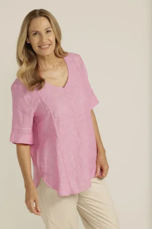 Linen Lace Trim Insert Top Bright Pink