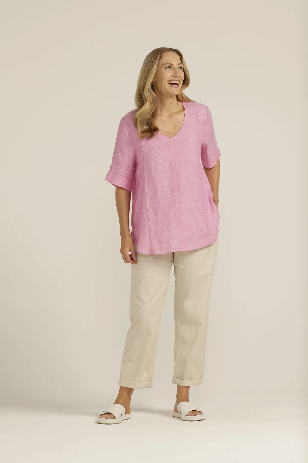 Linen Lace Trim Insert Top Bright Pink