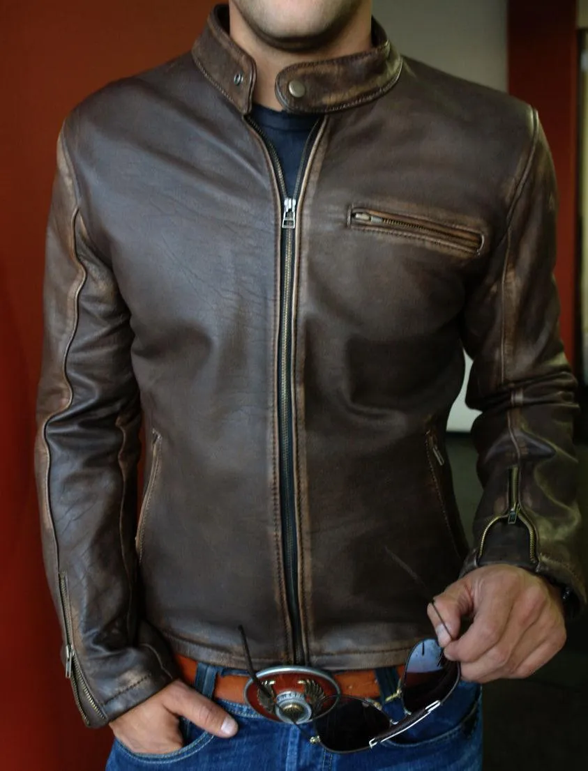 Men Biker Vintage Motorcycle Distressed Brown Cafe Racer Cowhide Leather Jacket