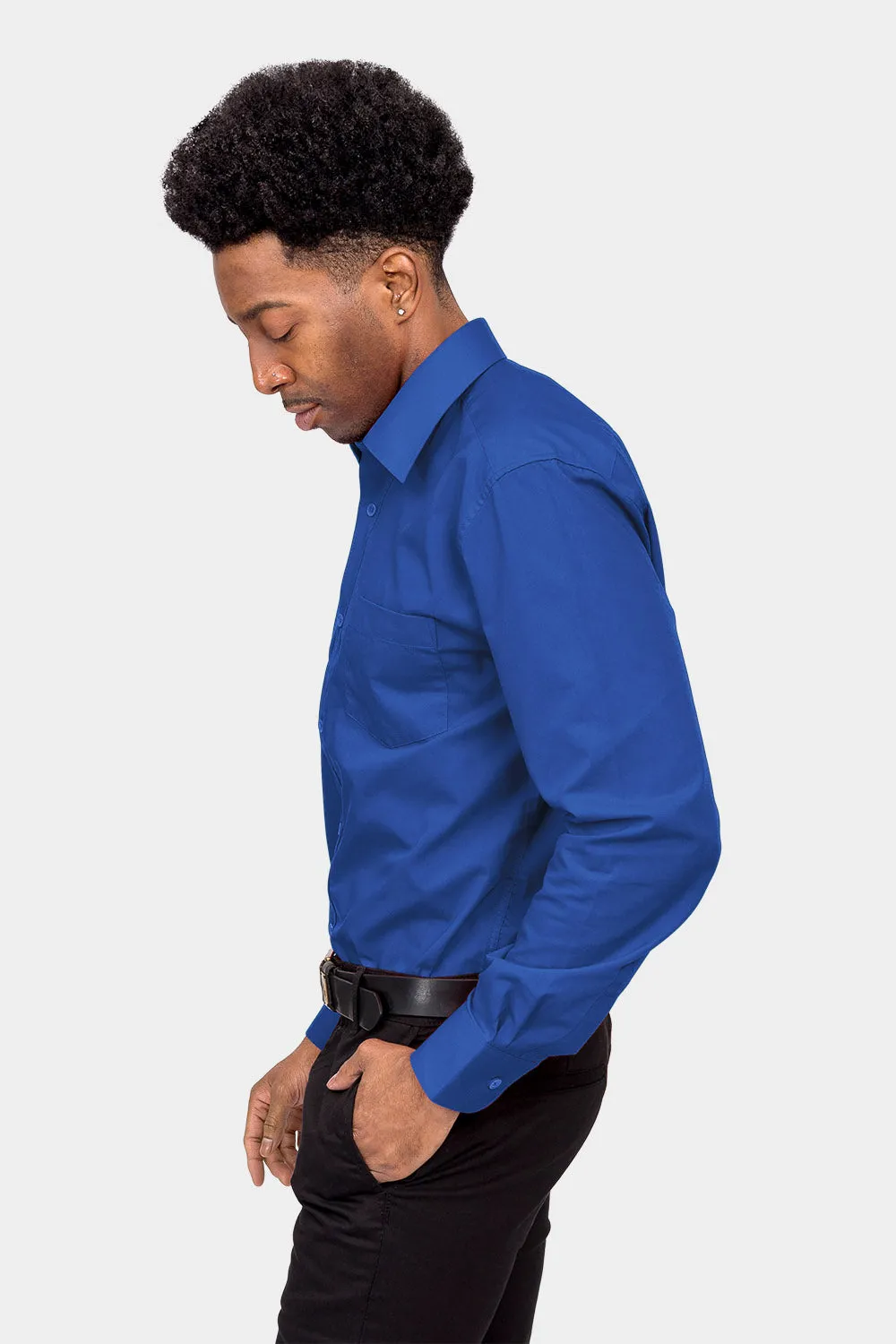 Men's Basic Solid Color Button Up Dress Shirt (Royal Blue)