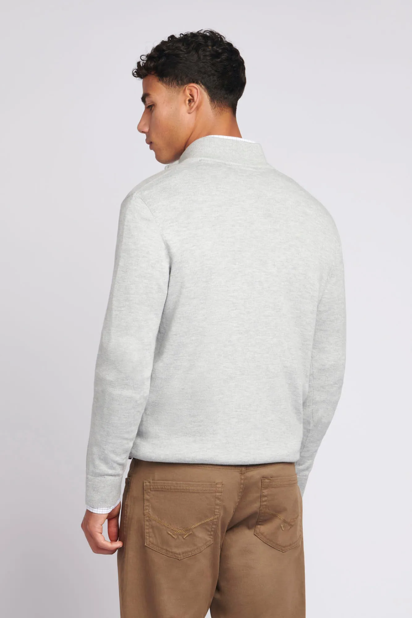 Mens Cotton Funnel Neck 1/4 Zip Knit in Mid Grey Marl