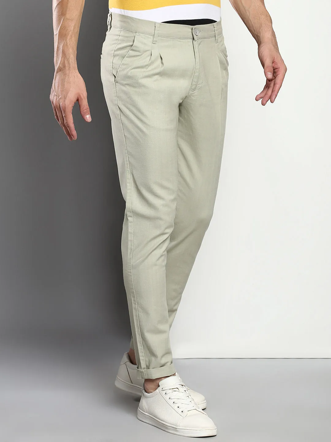 Men's Cotton Trouser Slim Fit Sage  Mid Rise Waist With Four Pockets