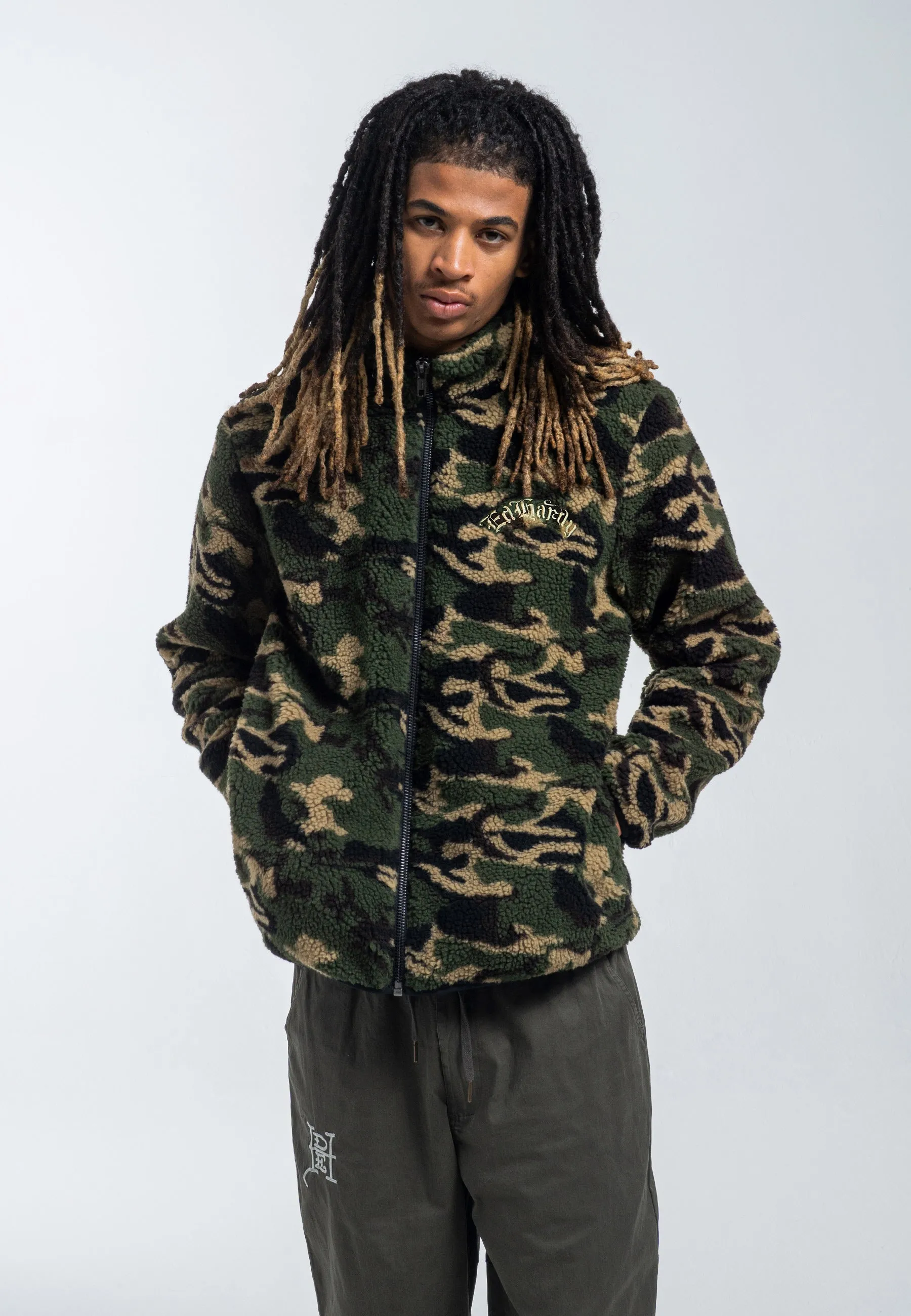 Mens Dragon & Rose Camo Zip Thru Borg Fleece Jacket - Green Camo