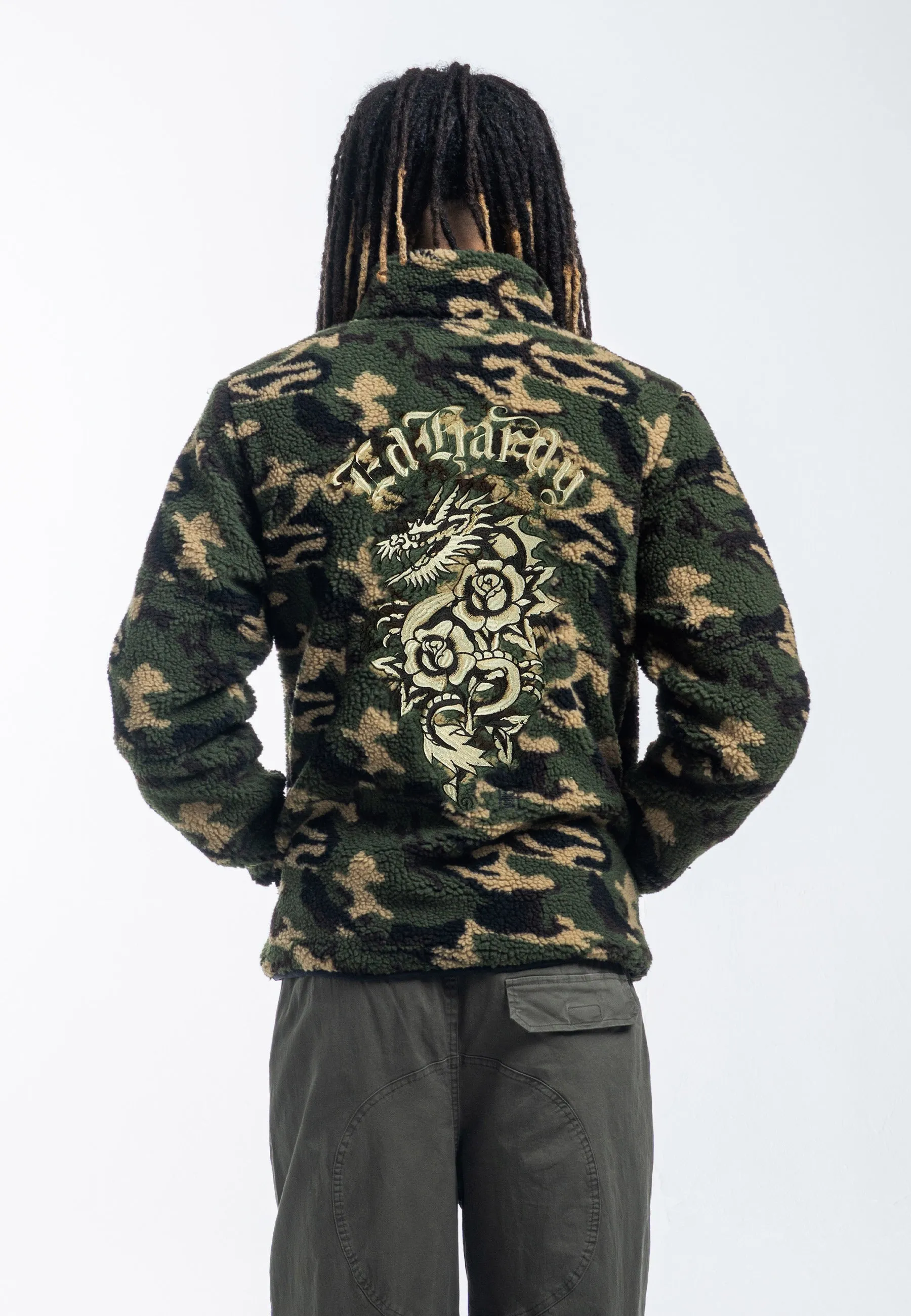 Mens Dragon & Rose Camo Zip Thru Borg Fleece Jacket - Green Camo