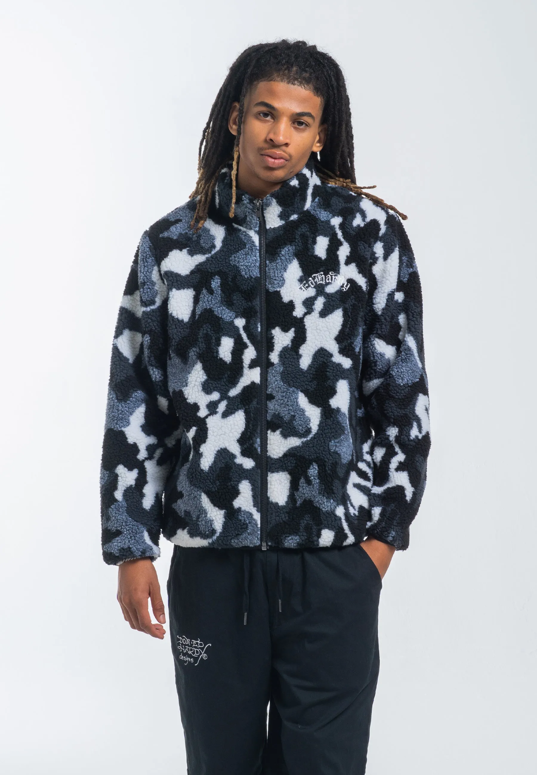 Mens Dragon & Rose Camo Zip Thru Borg Fleece Jacket - Grey Camo