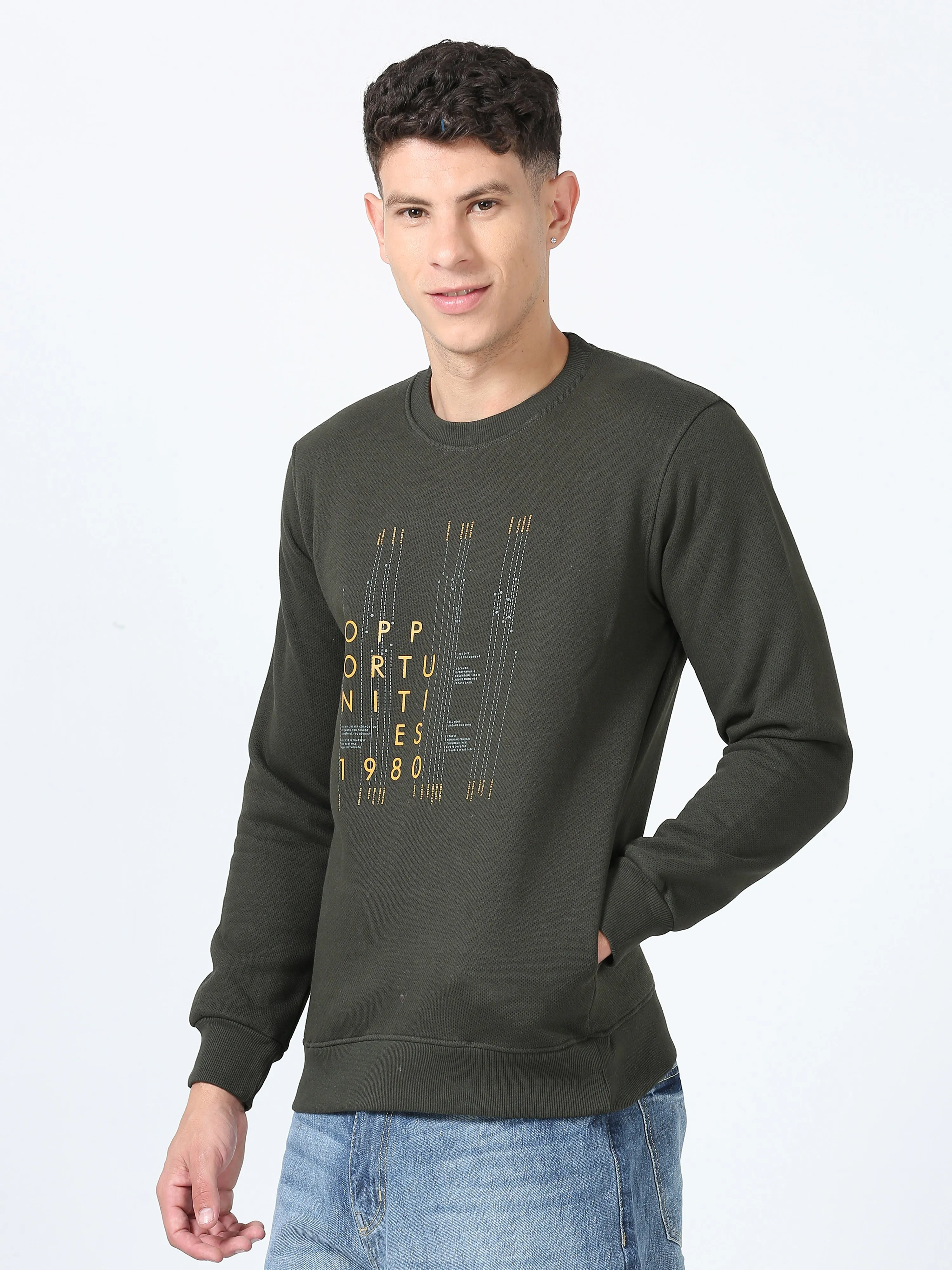 Men's Green Regular Fit Printed Full Sleeves Casual Sweatshirt