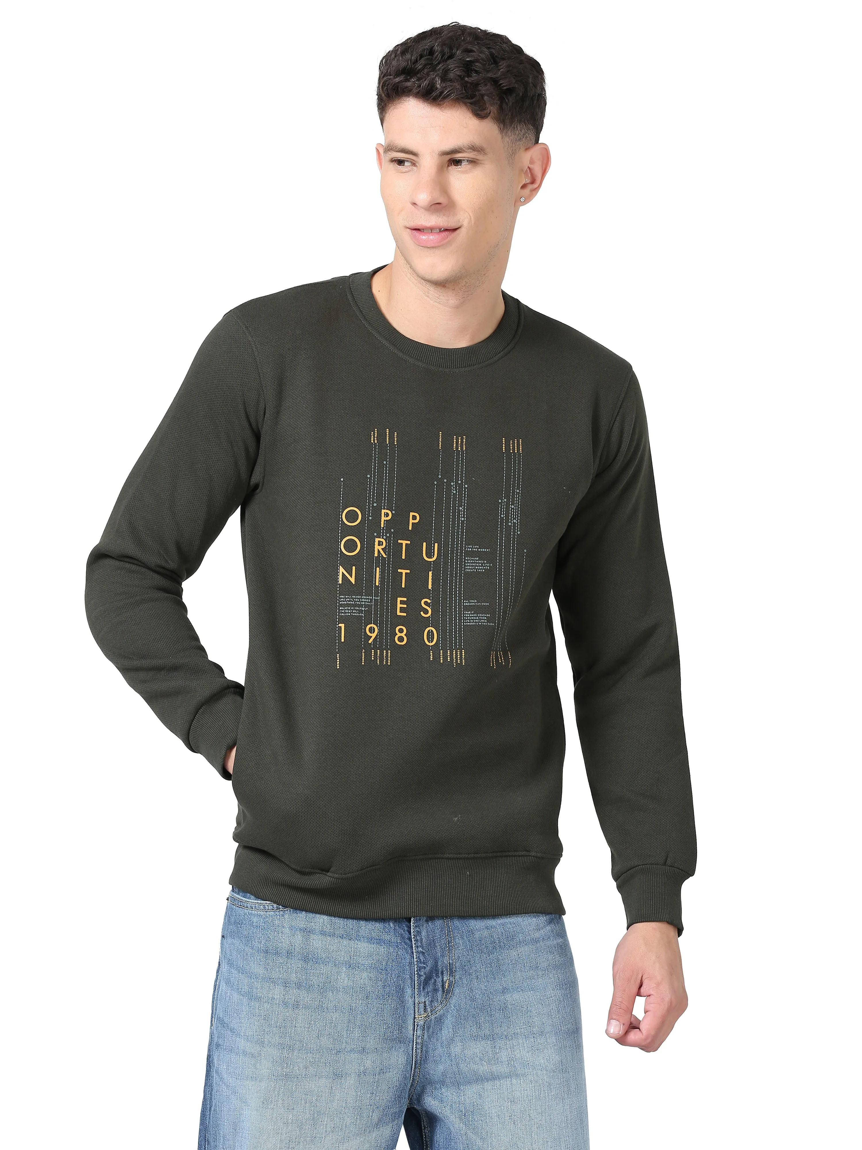 Men's Green Regular Fit Printed Full Sleeves Casual Sweatshirt