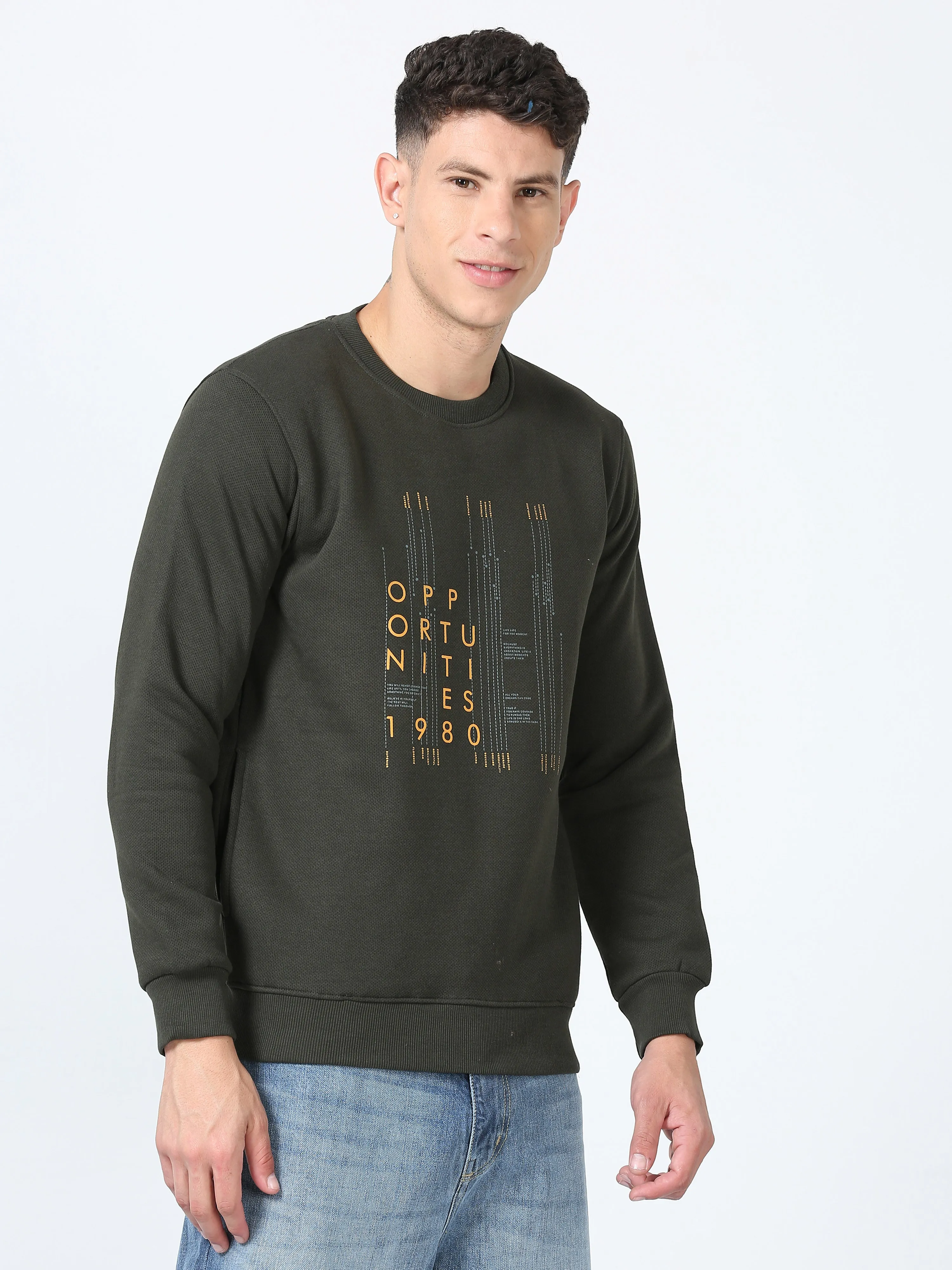 Men's Green Regular Fit Printed Full Sleeves Casual Sweatshirt