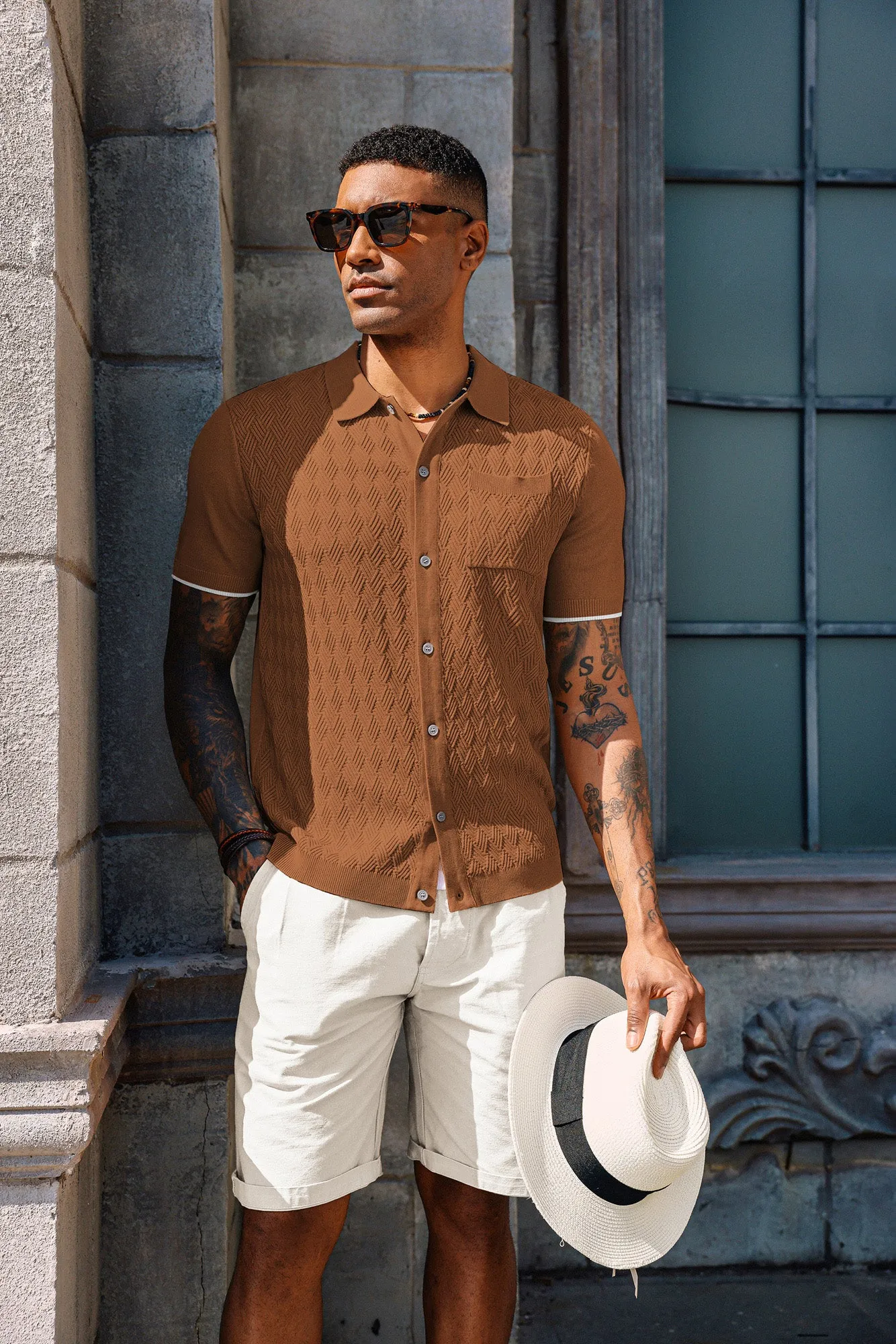 Men's Polo Cardigan Shirt Short Sleeve Textured Button Down Knit Polo Shirts