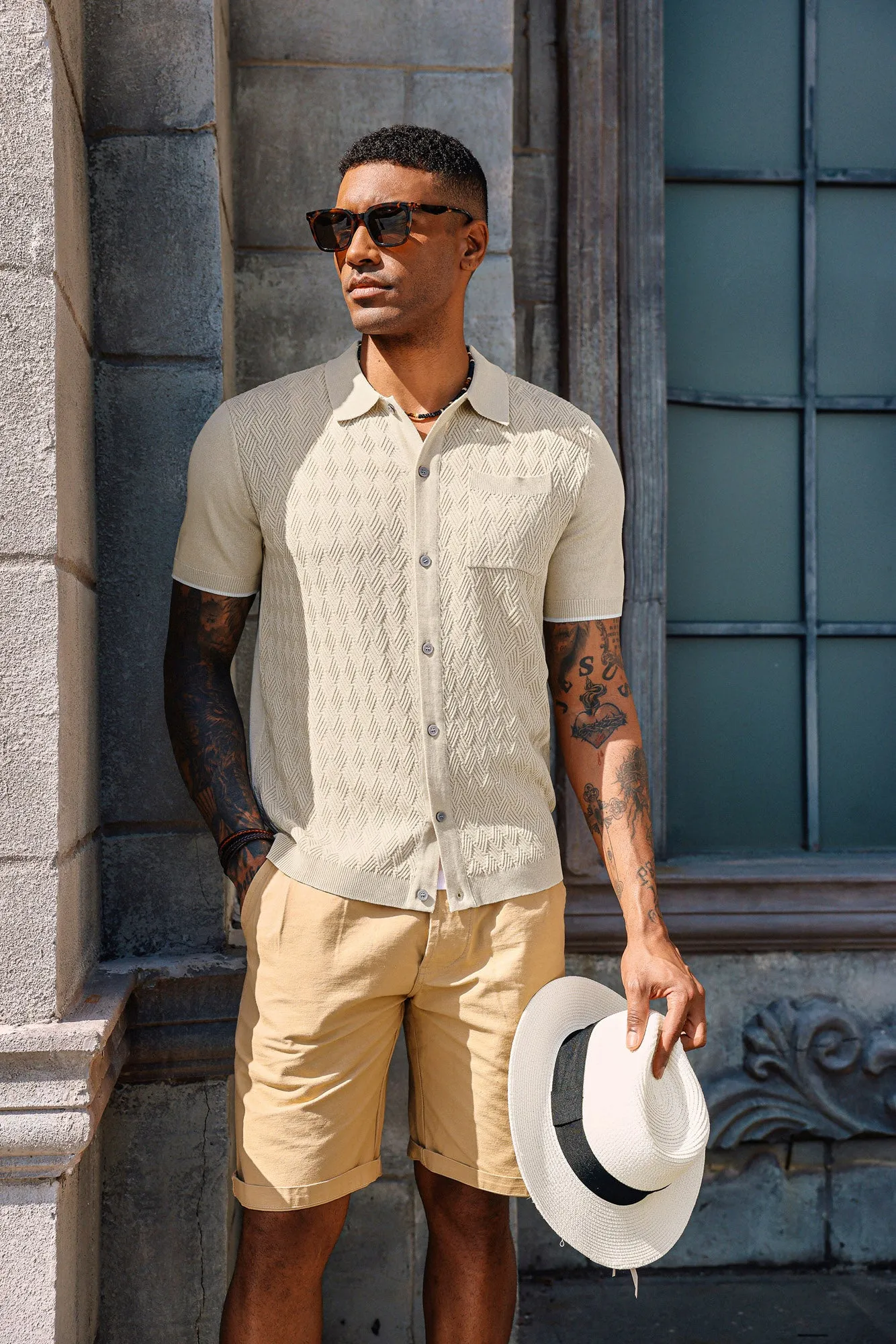 Men's Polo Cardigan Shirt Short Sleeve Textured Button Down Knit Polo Shirts