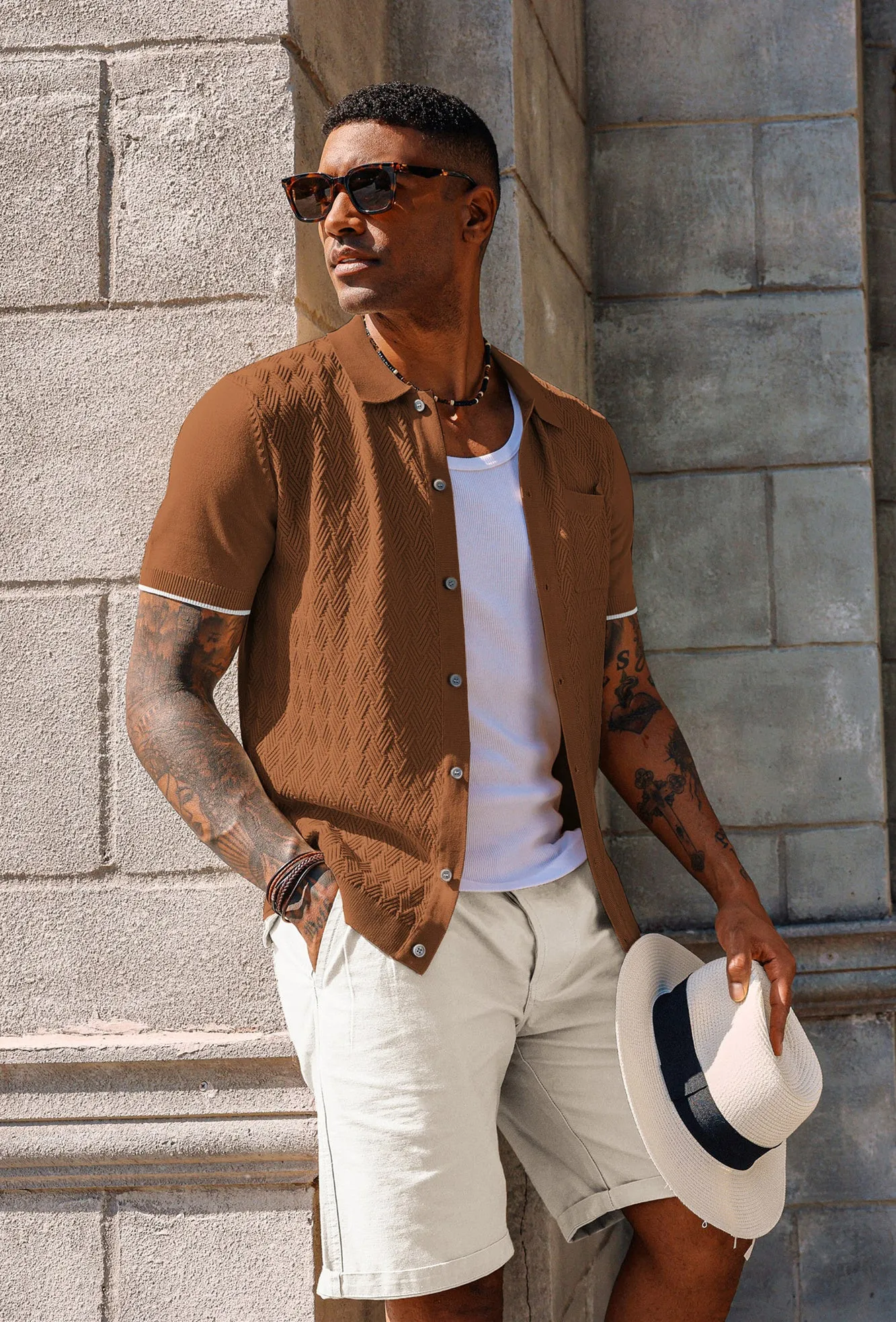 Men's Polo Cardigan Shirt Short Sleeve Textured Button Down Knit Polo Shirts