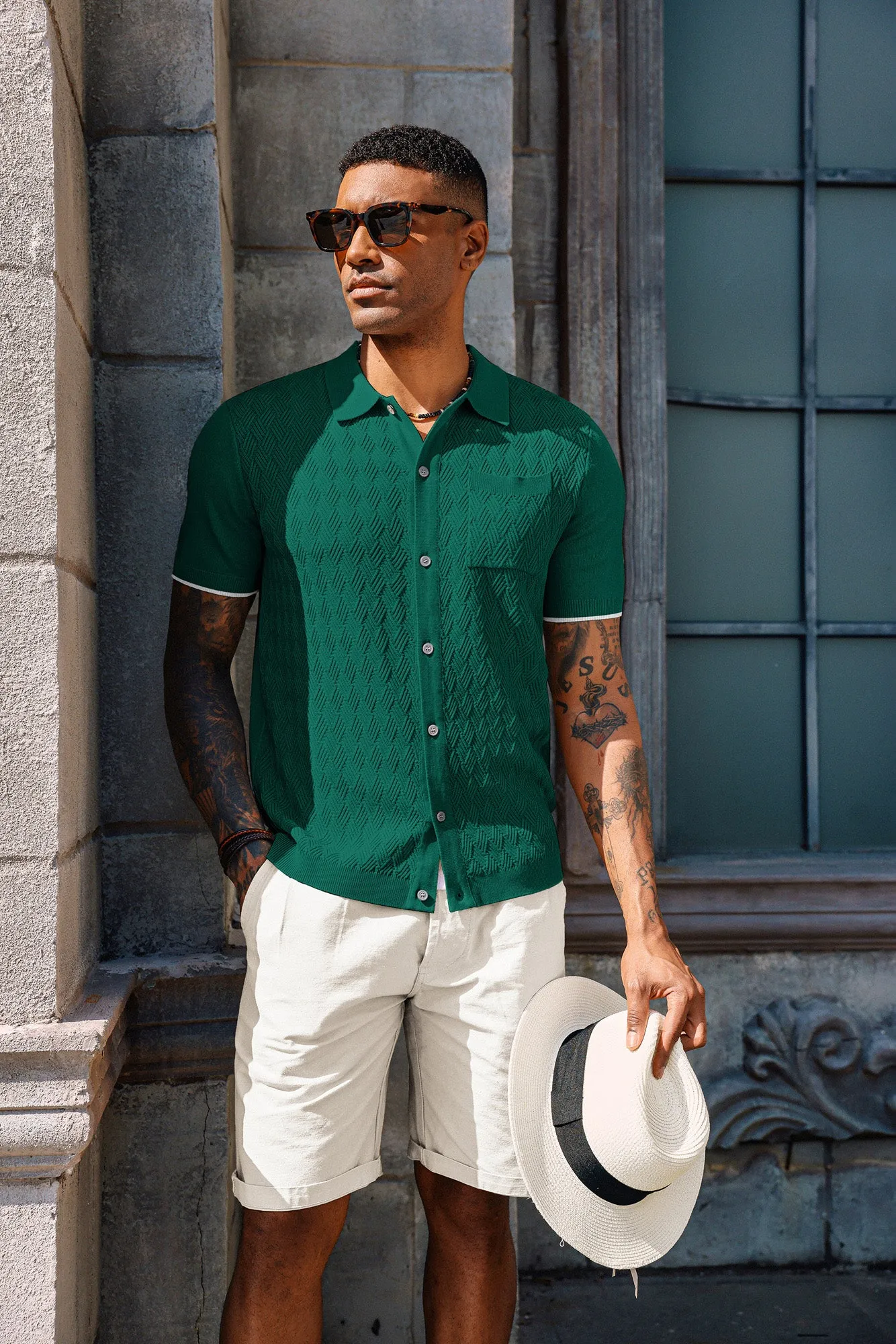 Men's Polo Cardigan Shirt Short Sleeve Textured Button Down Knit Polo Shirts